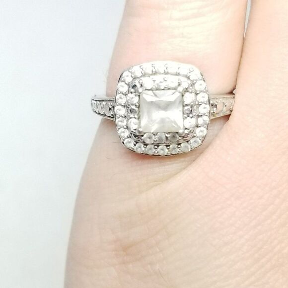 Vintager Sterling Silver Princess Cut Square Rhinestone Double Halo Ring,  6 1/2 - Picture 3 of 8